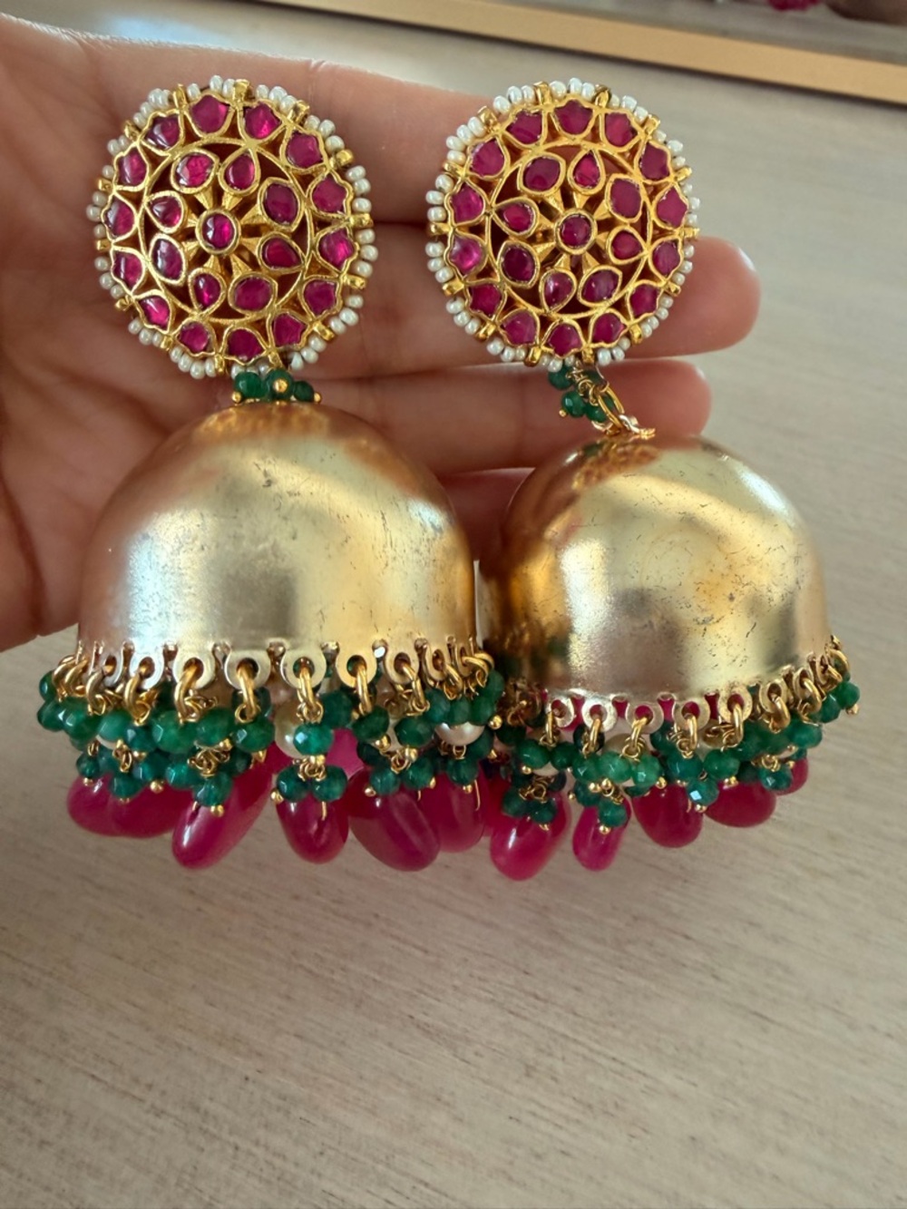 Gold, Pink & Green Indian Jhumka Earrings - Traditional Women's Jewelry
